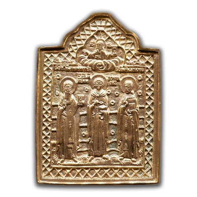 Икона большая "Избранные святые: Целители Анфиноген, Пантелеймон и Садоф"